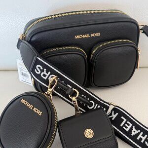 MICHAEL KORS JET SET MD POCKET CROSSBODY TECH ATTACHED LEATHER BAG BLACK $498